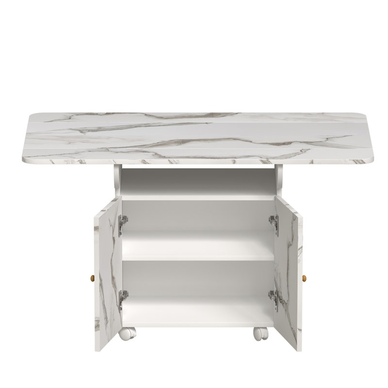 47" Wood Folding Dining Table with storage rack and cabinet, Removable Entryway Table with 6 Wheels, White Marble Color Kitchen Island, Side Table and Coffee Table Versatile Table Space Saving