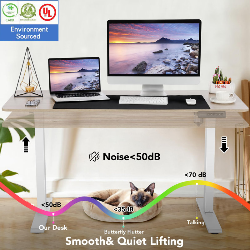 71" Electric Height Adjustable Standing Desk With 4 Lockable Casters, 2 Hooks, Big Mouse Pad, Beige