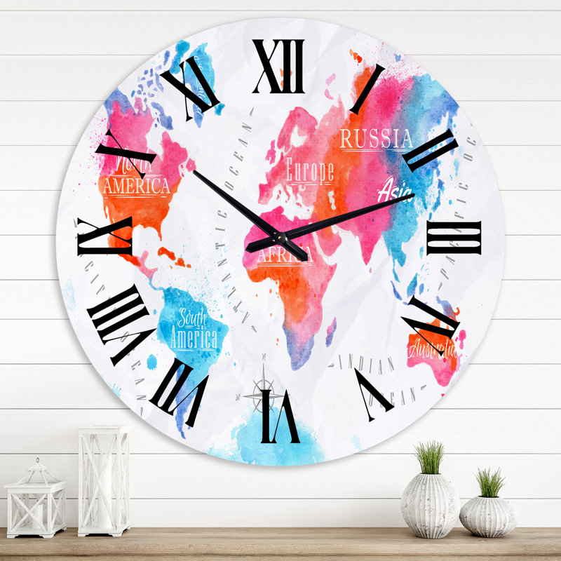 Carte du monde en bleu - horloge murale moderne, Surdimensionné, Rose