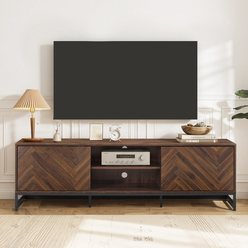 70.9" Modern Sliding Herringbone Door TV Stand for TVs up to 80", Walnut
