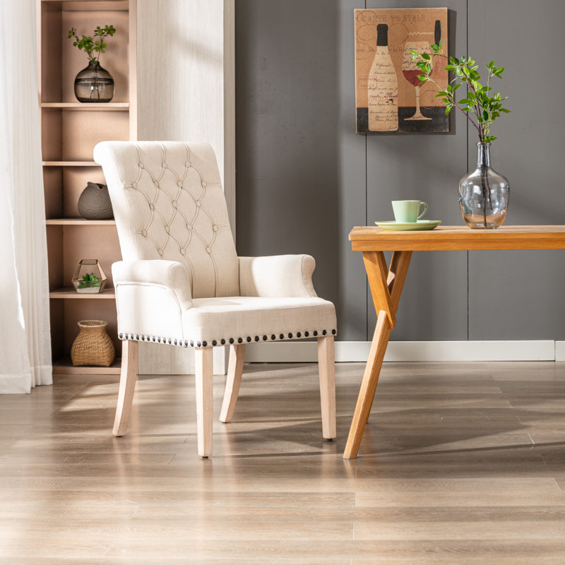 Tufted Button-Accent Dining Armchair for Living Room and Bedroom, Beige 100% Linen