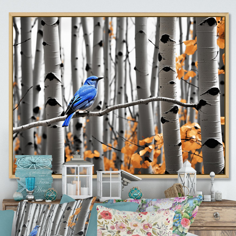Bjarmi - oiseau bleu gris en forêt II - impression, H 12 po x l 20 po x P 1 po, Cadre naturel flottant