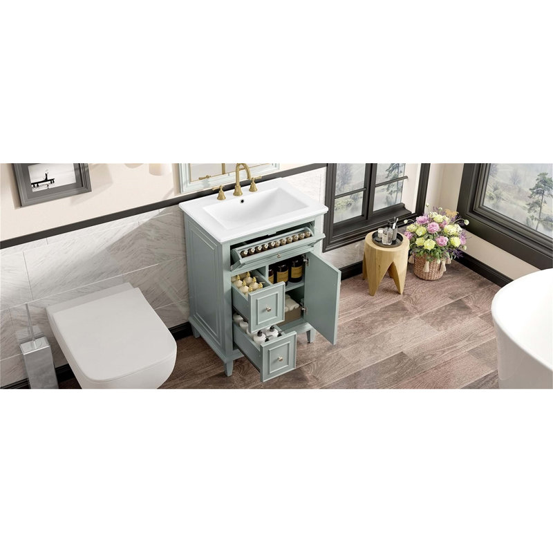 Meuble-lavabo avec lavabo, tablette réglable, un tiroir rabattable et deux tiroirs pour les salles de bain modernes, Vert