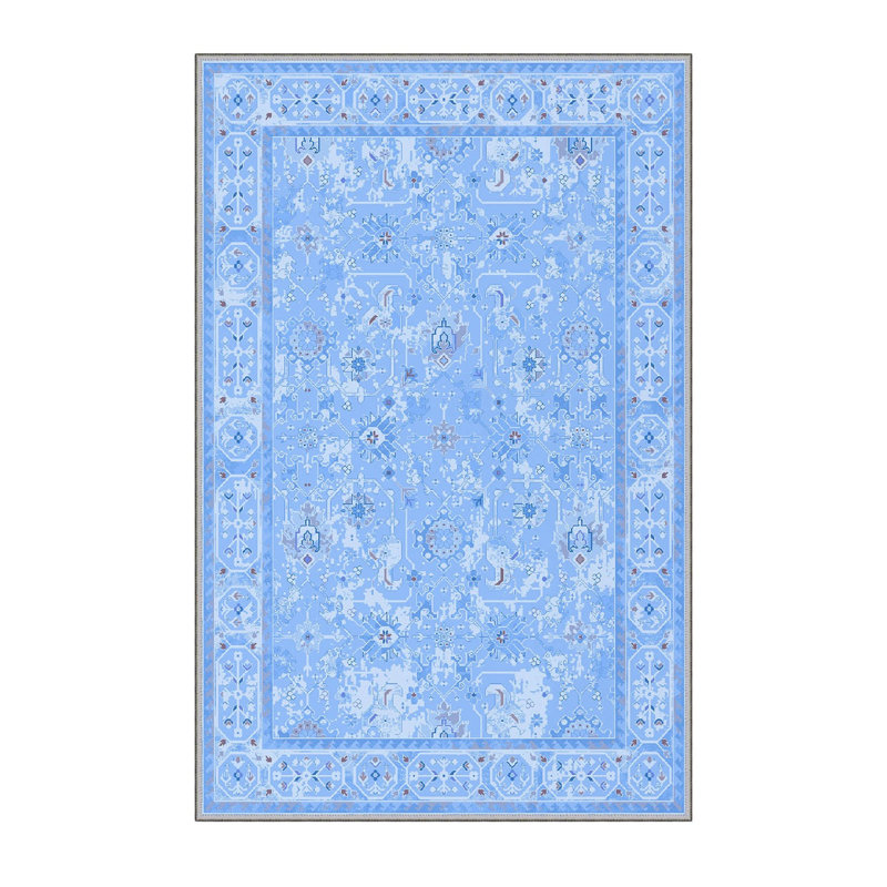 Tapis oriental bleu en polyester fabriqué à la machine Dwyer, Rectangle 3 pi 11 po x 5 pi 11 po
