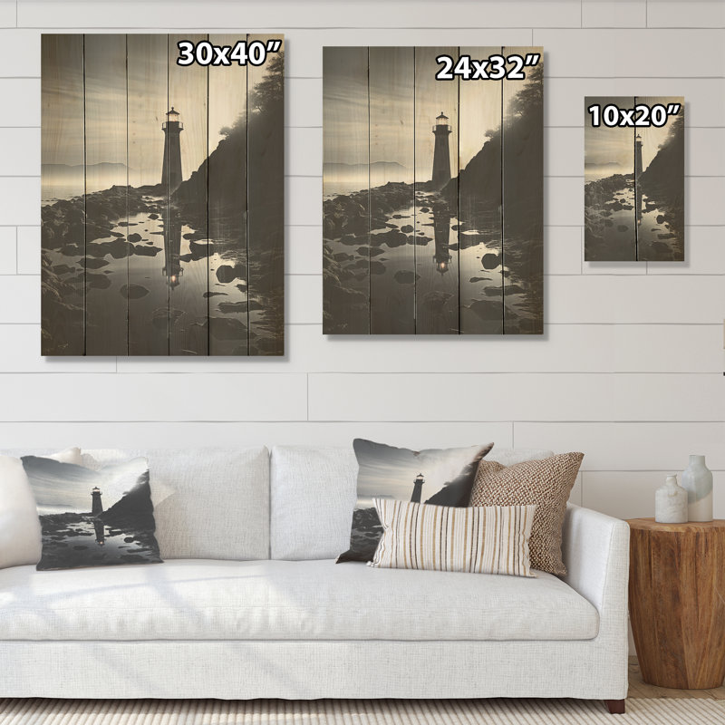 Phare, paysage de mimalisme - Art mural en bois sur bois de pin naturel, H 20 po x l 10 po