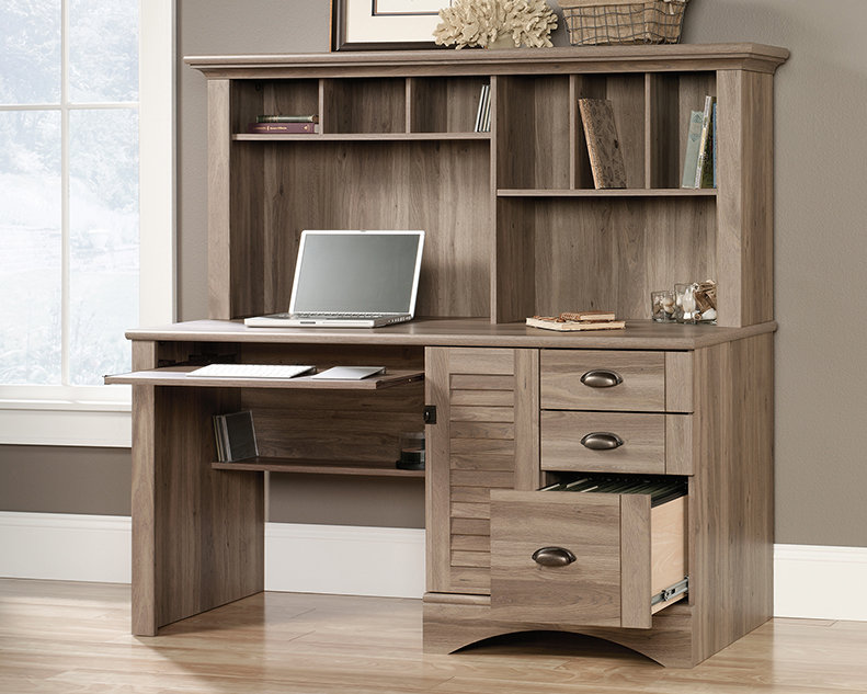 Bureau d'ordinateur avec huche, H 57,52 po x l 62,13 po x P 23,39 po, Gris