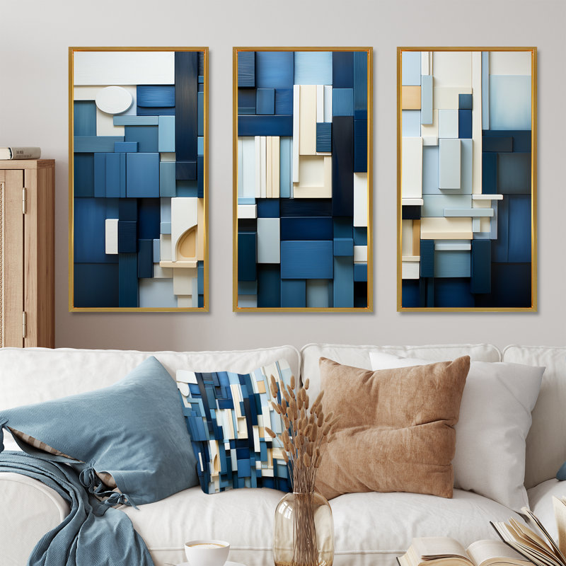 «Blue Behemoths Modern Skycrapers - Skyscrapers», ensemble d'art mural, Cadre flottant doré, H 28 po x l 36 po x P 1 po