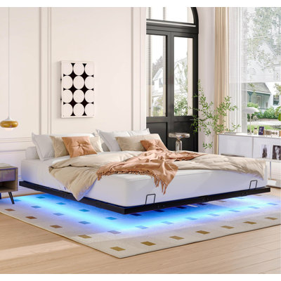 Très grande base de lit flottante avec lumières DEL, lit plateforme en métal, solide et stable, sans bruit, aucun sommier requis, assemblage facile (très grand)