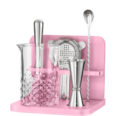 Crystal Cocktail Mixing Glass Set With Bamboo Stand - 22 Oz 650Ml - Thick And Sturdy Bottom, Durable And Seamless Design With Bar Accessories, Pink