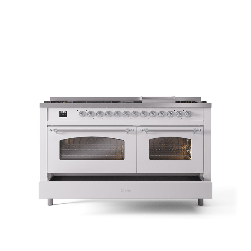 ILVE Nostalgie II 60 Dual Fuel Range, 9 Burners, Griddle, White/Chrome, Liquid Propane