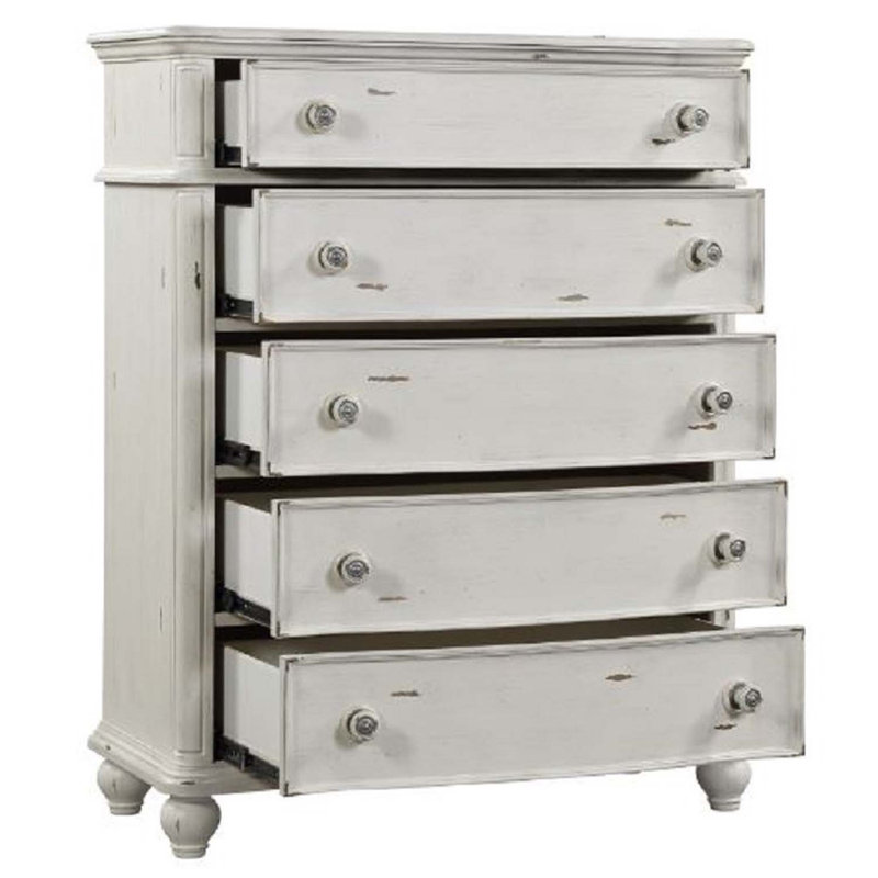Commode 5 tiroirs Jaqueline, finition blanc antique