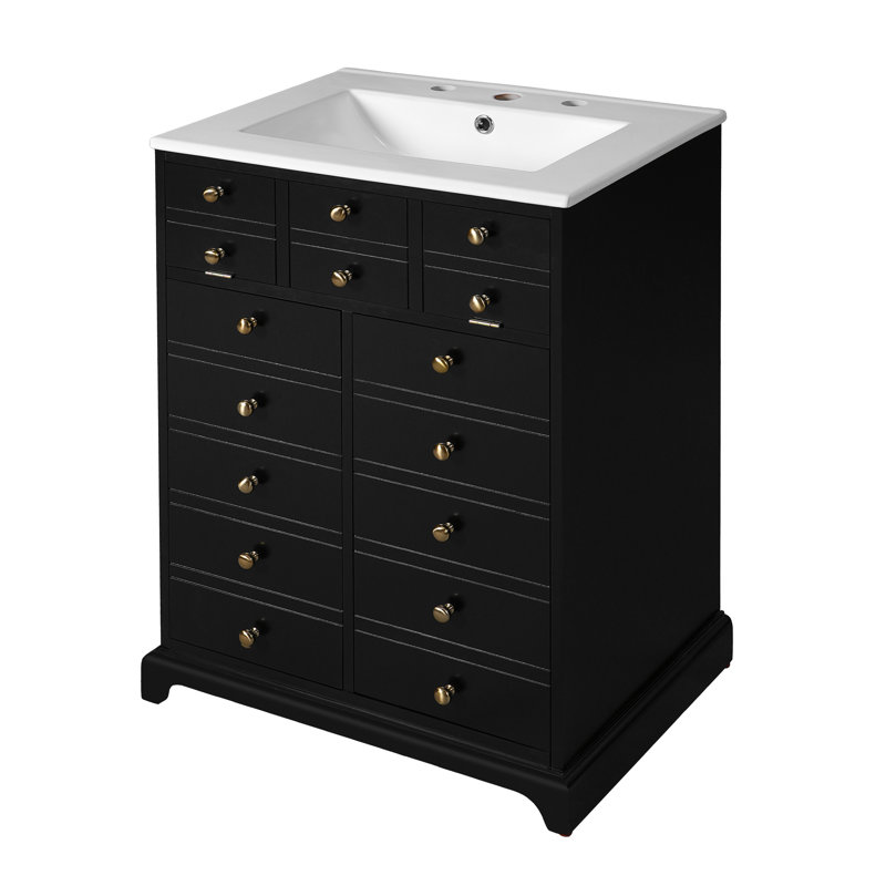 Meuble-lavabo de 24 po avec poignées dorées élégantes, lavabo lisse brillant, rangement fonctionnel et bois massif, organisateur de porte d'armoire à tiroirs d'installation simple, pieds élégants, céramique intelligente