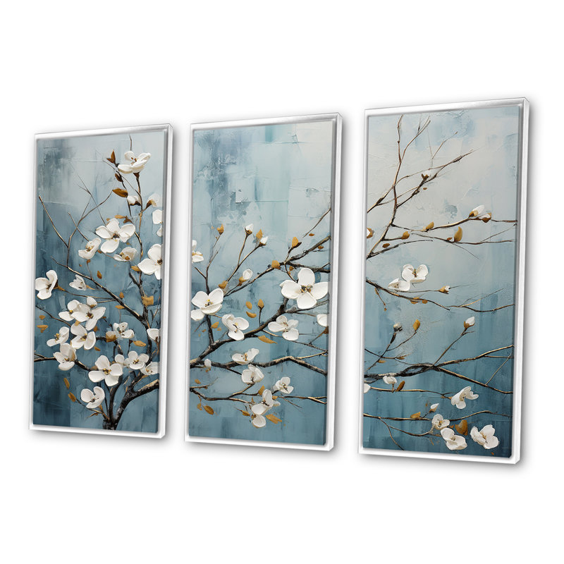 White Dogwood Blossom Escape II - ensemble d'art mural cornouiller, Cadre flottant blanc, H 40 po x l 60 po x P 1 po