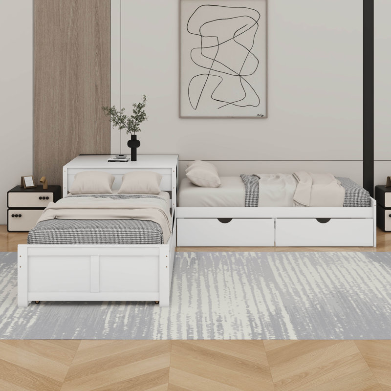 Lit plateforme simple en L avec lit gigogne et tiroir, Blanc