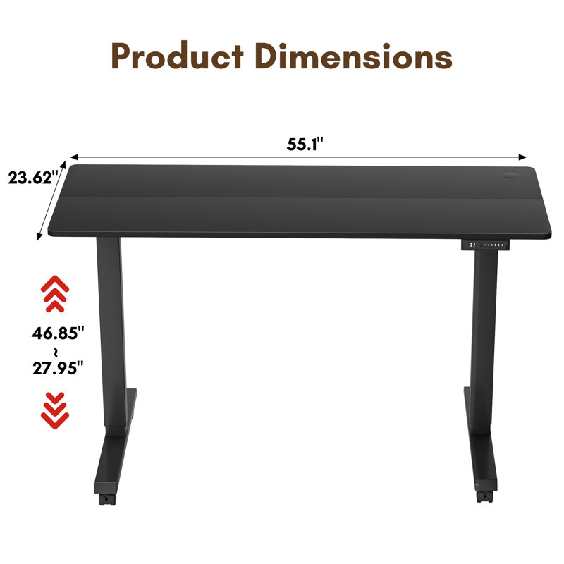 Bureau debout électrique à hauteur ajustable avec 4 roulettes verrouillables, Noir / Noir, H 27,95 po x l 55 po x P 24 po