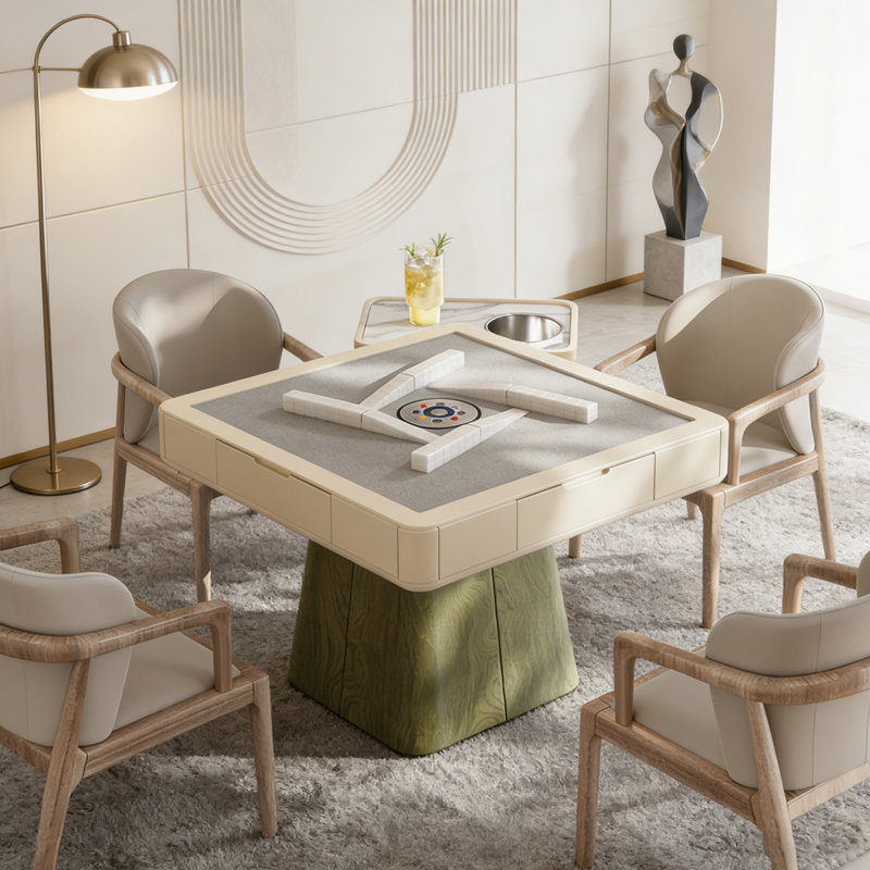 High-end Solid Wood Cream Green Automatic Mahjong & Dining Table Combo (Chinese Rules)