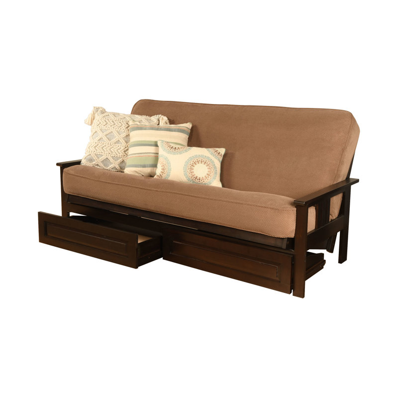 Stratford Full 79" Futon Frame and Mattress with Drawer Set, Marmont Mocha Polyester, Espresso