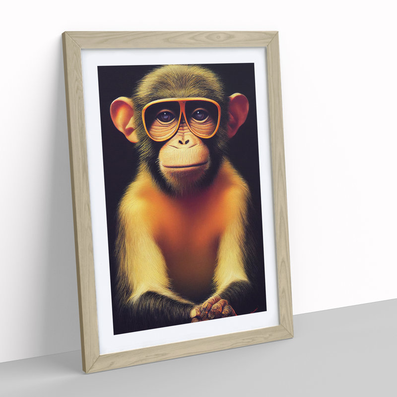Monkey In Glasses No.1 - Framed Print, 34cm H x 25cm W, Beige