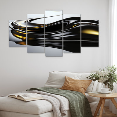 «Black Flow Gold Glow», art mural abstrait à l'encre liquide, toile 5 pièces