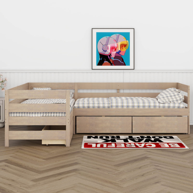 Twin Size L-Shaped Platform Bed For 2, Wood Kids Platform Bed Frame With 3 Storage Drawers And Guardrail, Sturdy Slats Support