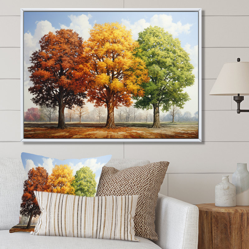 Tapisserie saisonnière orange sur érable jaune sur toile II, H 34 po x l 44 po x P 1,5 po, Cadre flottant blanc
