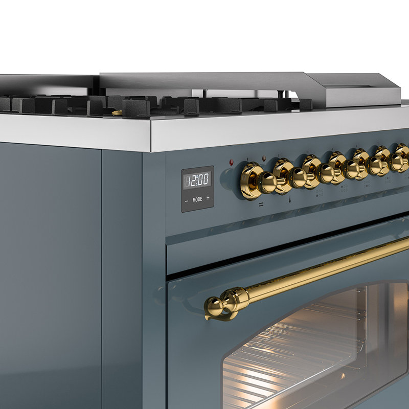 ILVE Nostalgie II Series 48 inch Dual Fuel Range with 5 Sealed Burners, Griddle, Frenchtop (Glass Door), Blue/Gray/Brass