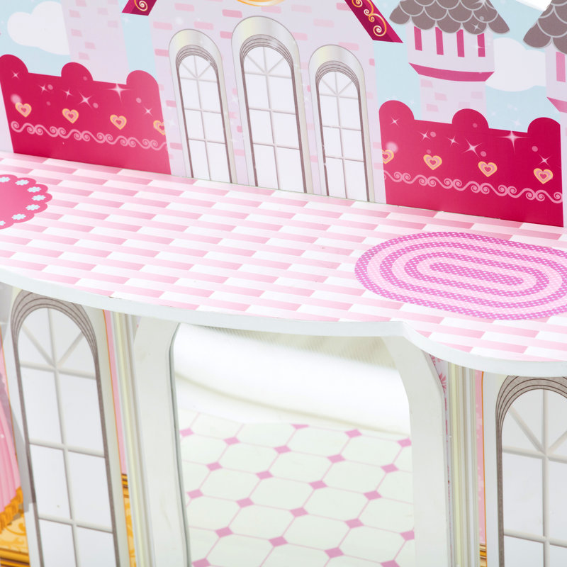Teamson Kids Dreamland Castle 2 pièces Table de coiffeuse et tabouret avec miroir et accessoires pour poupée, Rose/Blanc