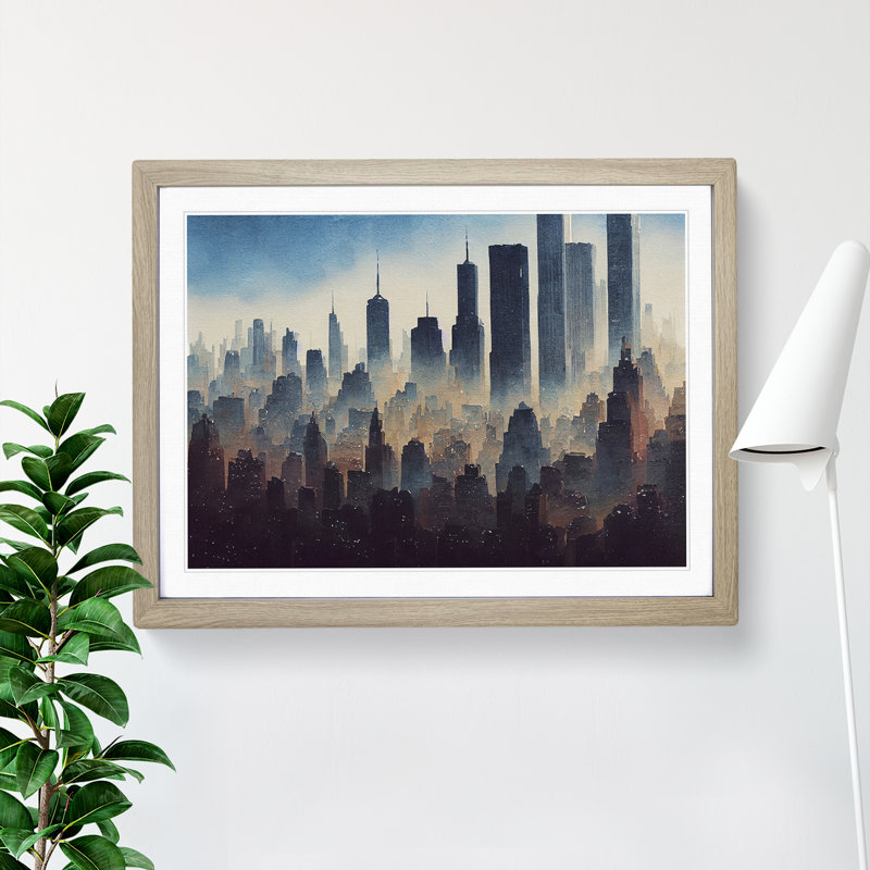 Watercolour New York Skyline Vol.2 - Single Picture Frame Painting, 46cm H x 64cm W x 2cm D, Oak