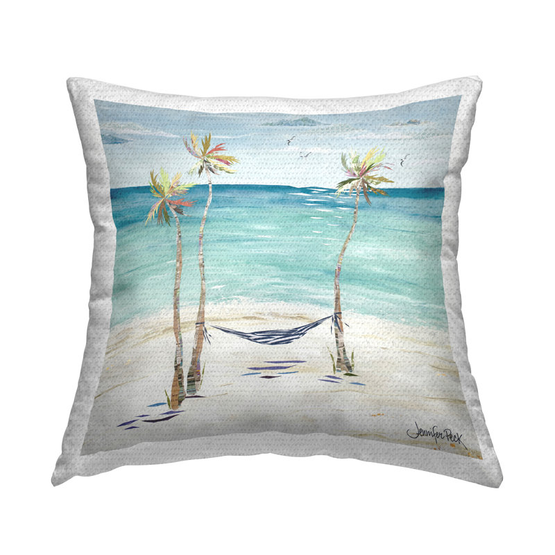 Design de coussin décoratif pour l'extérieur hamac et trois palmiers par Jennifer Peck