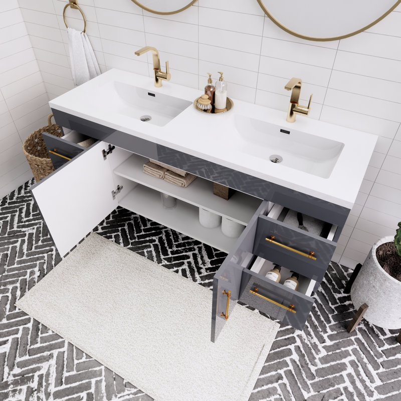Ensemble de meuble-lavabo double 60 po Tenshi, Gris brillant