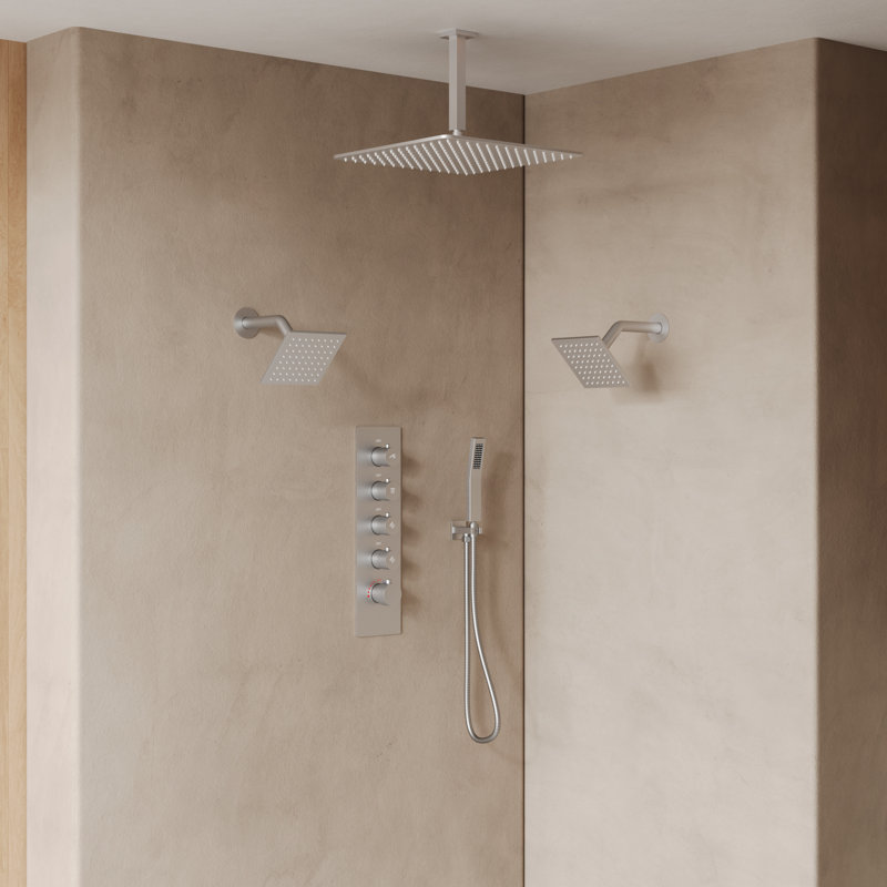 Système de douche thermostatique, robinet de pluie à fixation au plafond 16 po, double pomme de douche murale 6 po avec douchette