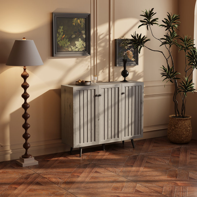 3 Door Wooden Storage Cabinet with Adjustable Shelves for Living Room, Kitchen, and Hallway, Dark Gray