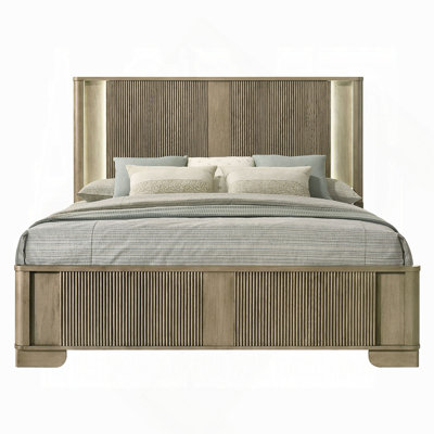 1Pc Transitional Style Bed With LED Light Headboard Solid Wood Rustic Bedroom Furniture