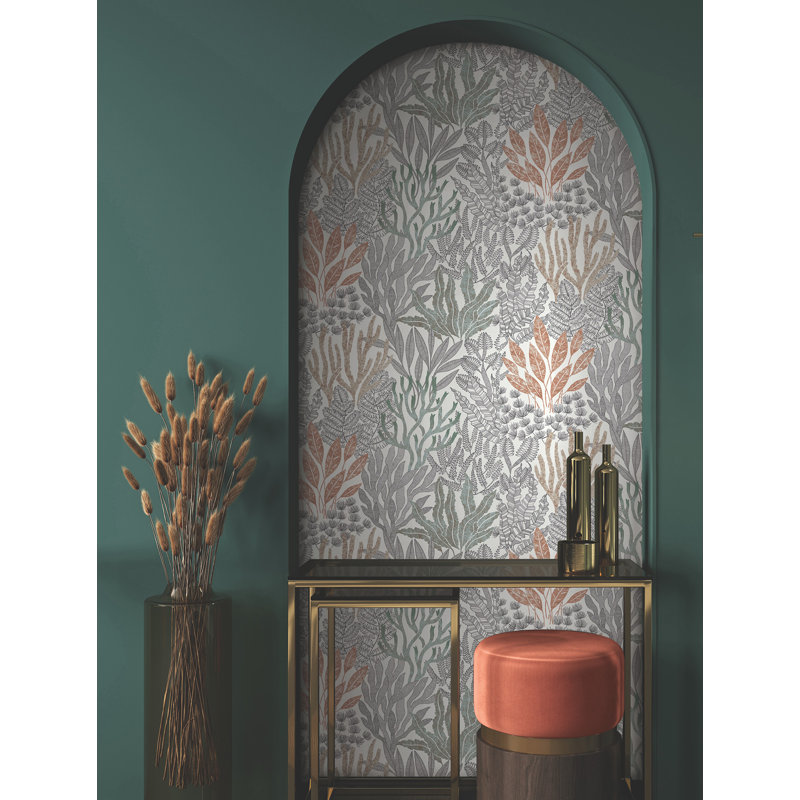 Coral Leaves Wallpaper Roll, Coral Black