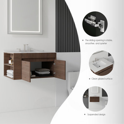 Meuble-lavabo flottant 30 po avec lavabo, porte à fermeture en douceur, comptoir en granite blanc 0,6 po et dosseret, contreplaqué