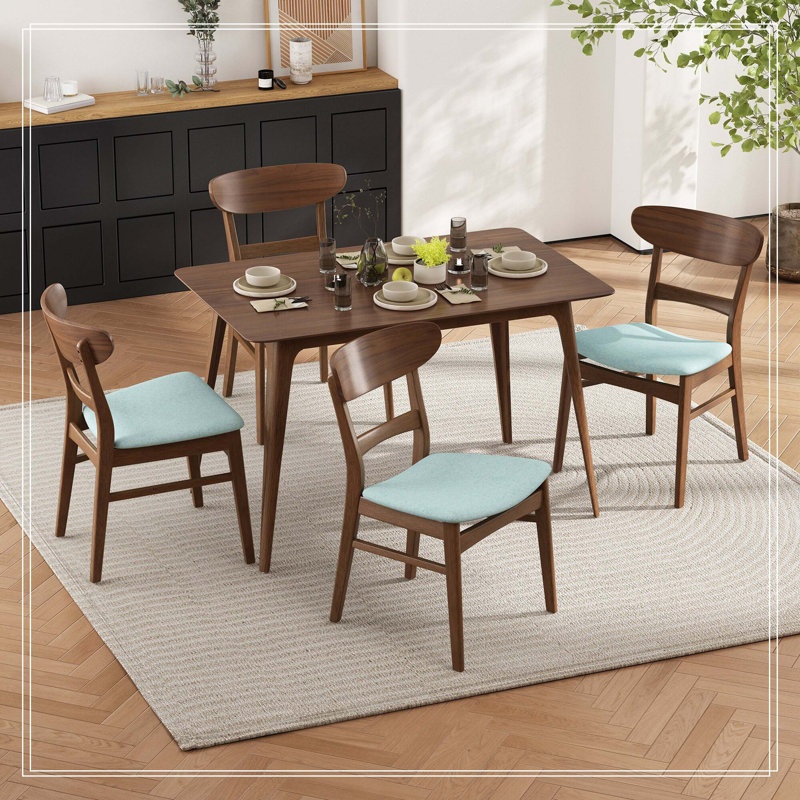 Ensemble de salle à manger 5 pièces de style Mid-Century moderne, structure en bois d'hévéa, une table et 4 chaises rembourrées, noyer et menthe