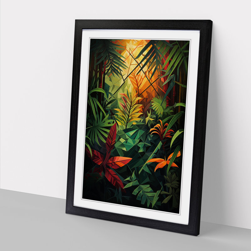 Jungle Geometric No.2 - Single Picture Frame Print on Wood, Black, 46cm H x 34cm W x 2cm D