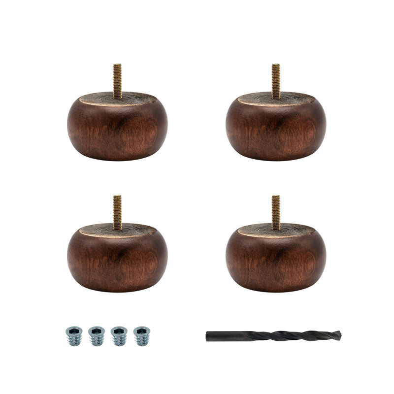 Solid Hardwood Round Bun Foot 4 Pack with 4 Free Insert Nuts and Drill Bit, 1-7/8" H x 3-5/8"W, Stained Cherry