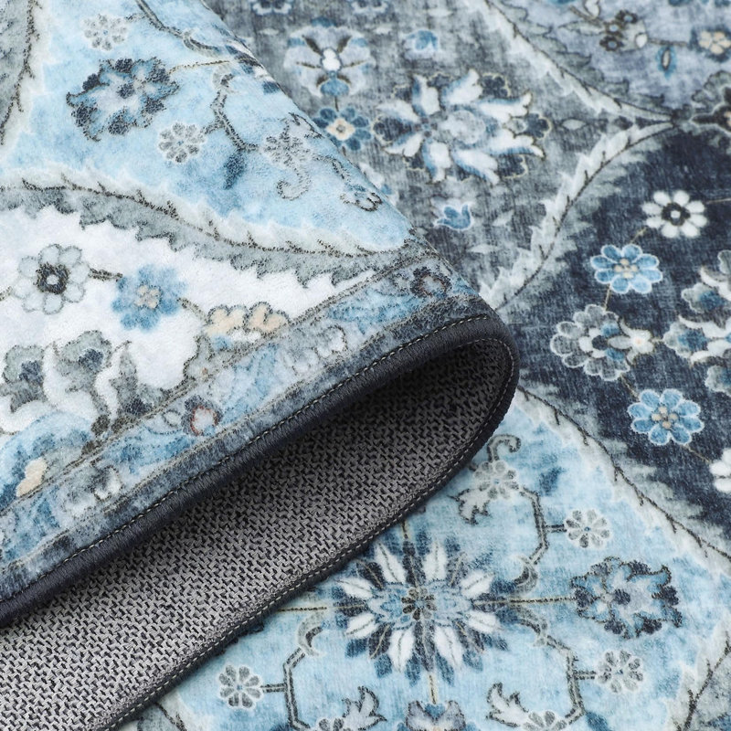 Rectangle Floral Washable Area Rug, Blue, Rectangle 200 x 290 cm