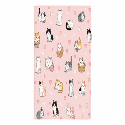 1Pcs Cute Cat Beach Towel, featuring adorable cartoon cats in various playful poses on a pink background with scattered hearts. Microfiber, perfect for outings, swimming, and travel, unisex.