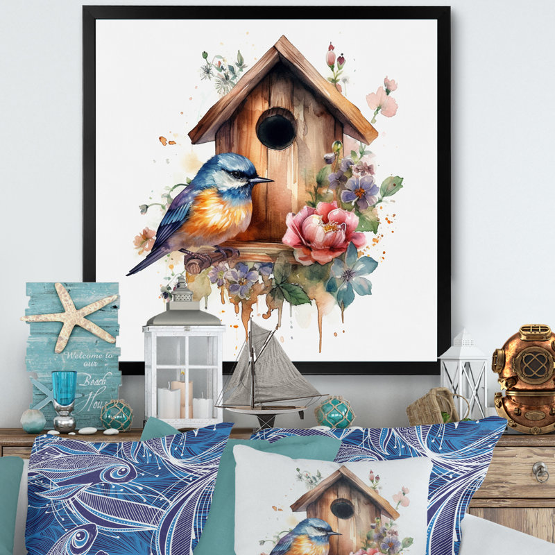 Bird On A Birdhouse, reproduction d'art sur toile, Cadre photo noir, H 16 po x l 16 po x P 1 po