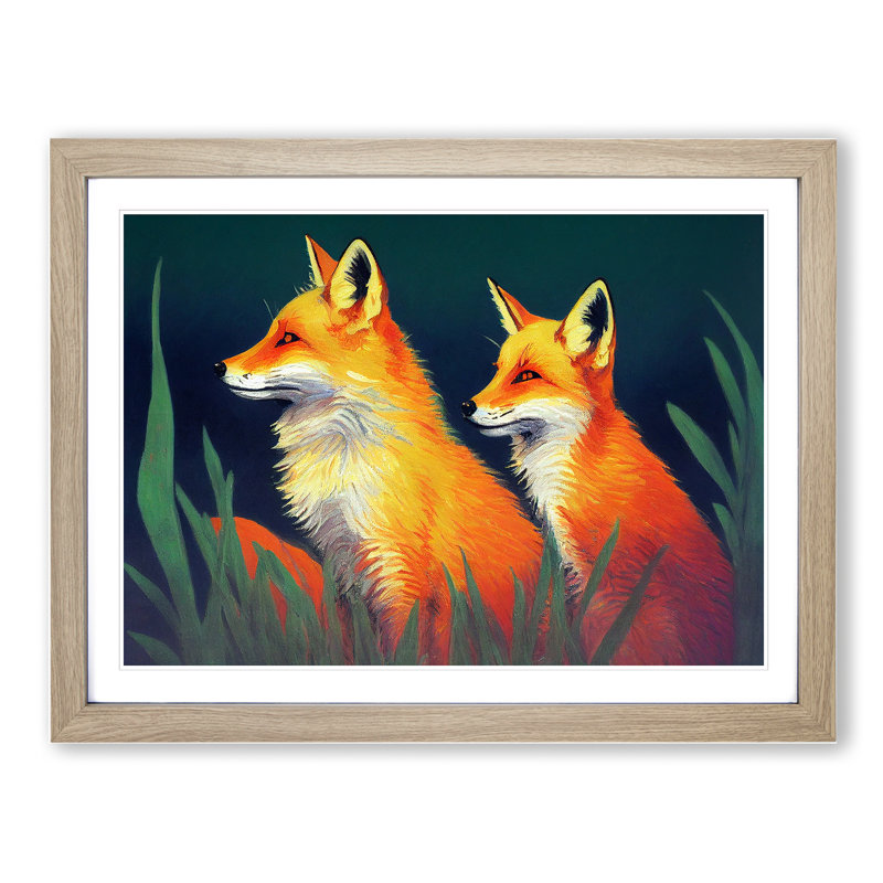 Fine Foxes - Single Picture Frame Painting, 25cm H x 34cm W x 2cm D, Oak