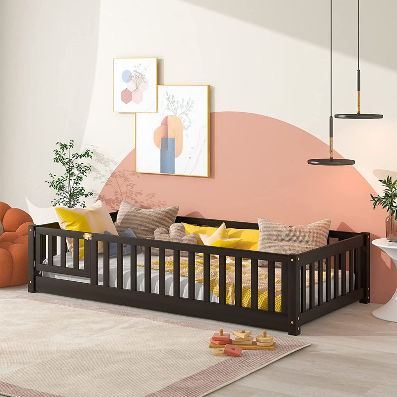 Twin Size Floor Bed With Safety Guardrails And Door And Slats, Toddler Floor Bed Frame For Girls And Boys, Twin, Black