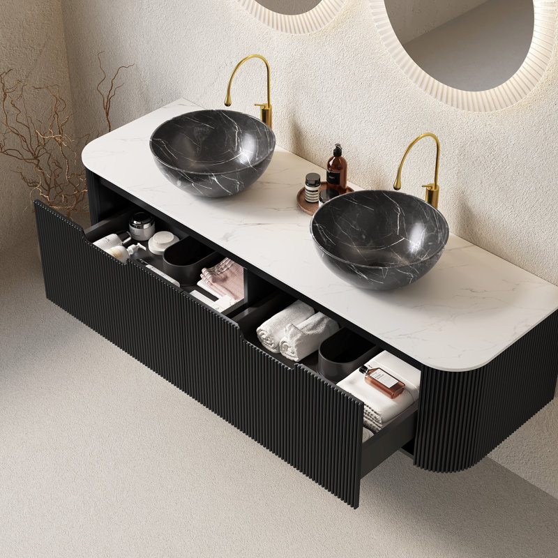 Meuble de rangement pour salle de bain de 60 po, 2 tiroirs, lavabos en céramique noire, motif de pierre, fini rayé 3D, contreplaqué haute résistance, grande capacité de rangement