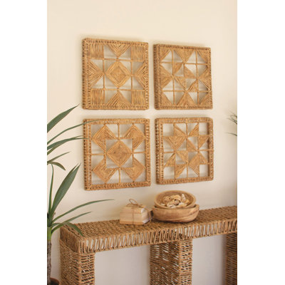  Set of Four Seagrass Wall Art Quilt Pattern Design Decorative Wall Decor for Traditional Home Accent Brown Textured Finish