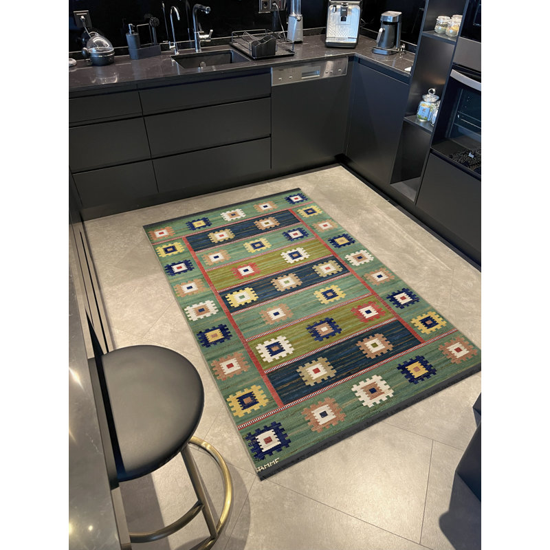 Tapis décoratif vert et bleu multicolore, Tapis de couloir 3 pi 3,37 po x 9 pi 10,11 po