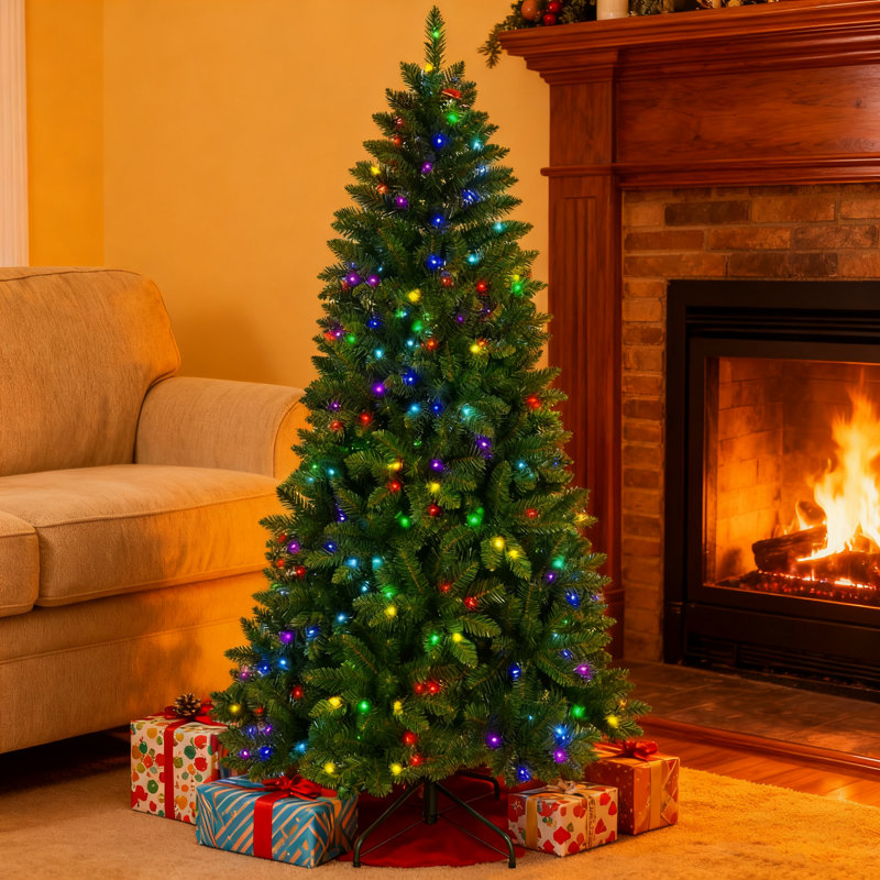 Arbre de Noël artificiel pré-éclairé avec base en métal pliable, 9'