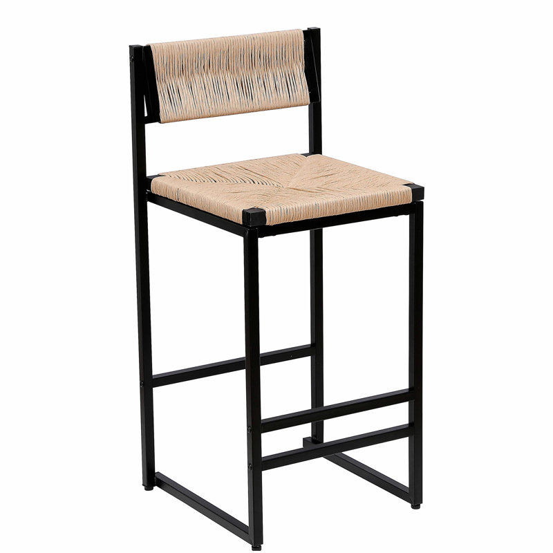 Tabouret de bar en corde de papier blanc crème tissé, 2, avec repose-pieds (blanc crème)