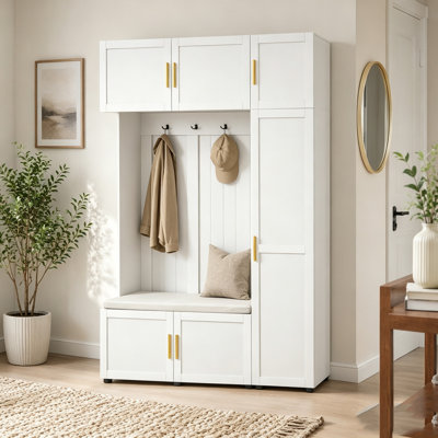 4-in-1 Hall Tree with Padded Bench, 4 Hooks, and Multi-Tier Storage Shelves