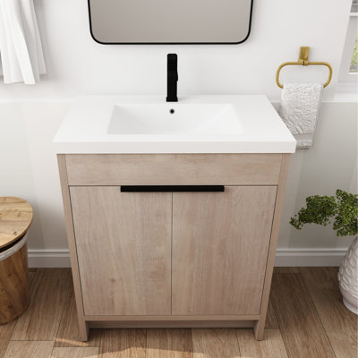 30" Freestanding Bathroom Vanity With White Resin Sink Production. 2 Soft-close Doors, Adjustable Shelf. Plywood Construction, Metal Handles. Plain Oak Key Element 30 Inch Cabinet. Sink, Doors.